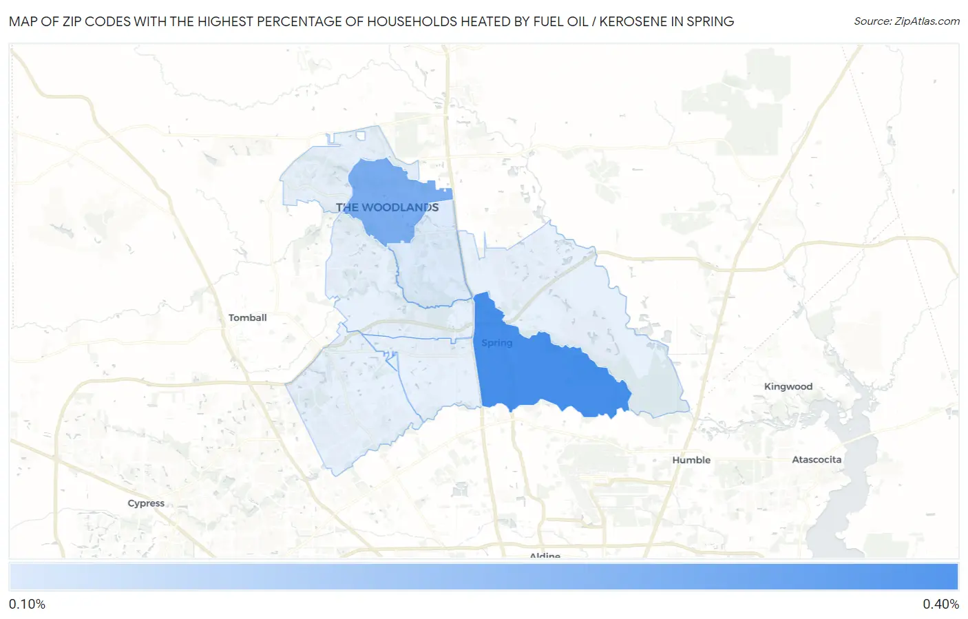 Zip Codes with the Highest Percentage of Households Heated by Fuel Oil / Kerosene in Spring Map