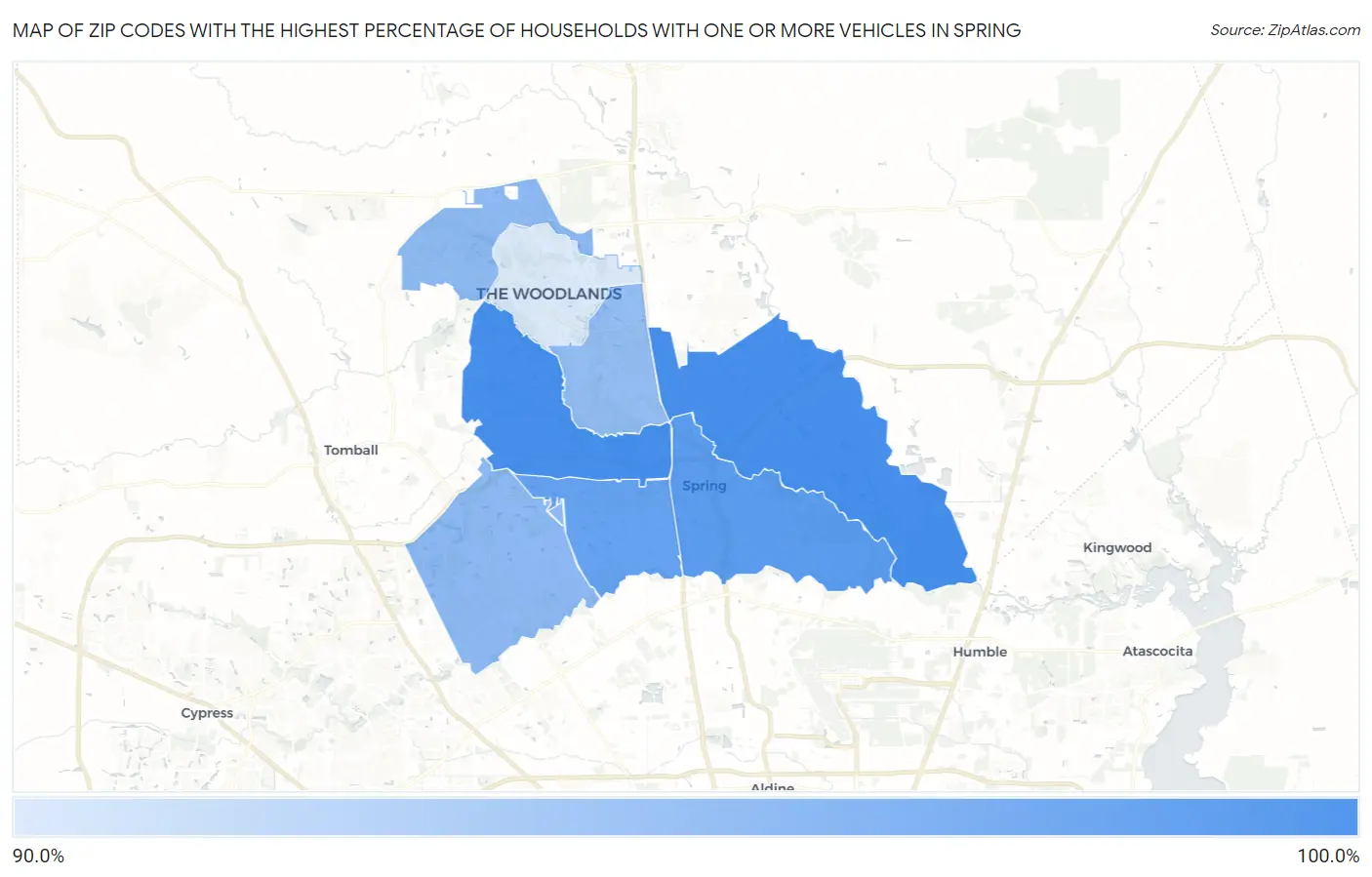 Zip Codes with the Highest Percentage of Households With One or more Vehicles in Spring Map