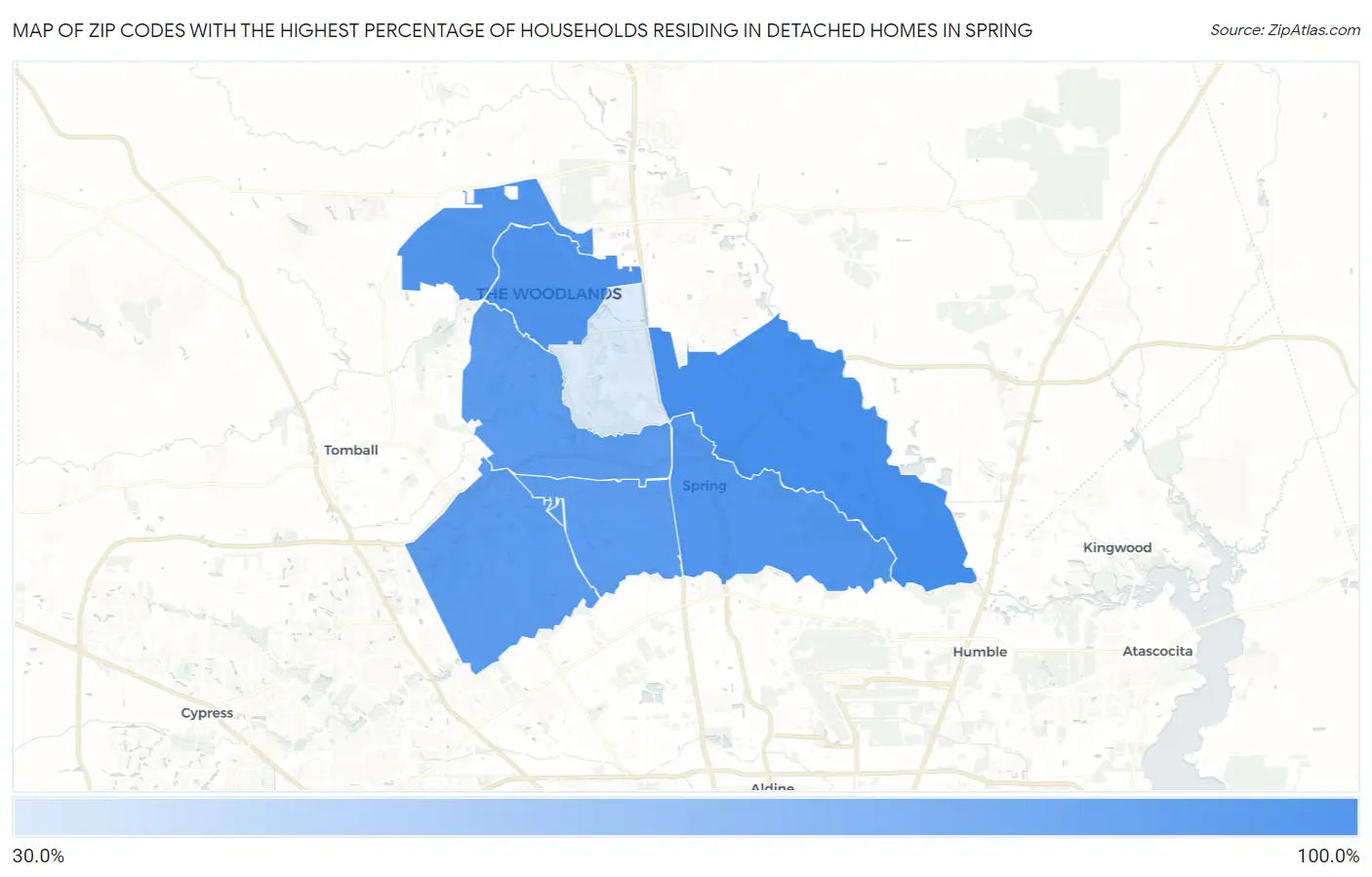 Zip Codes with the Highest Percentage of Households Residing in Detached Homes in Spring Map