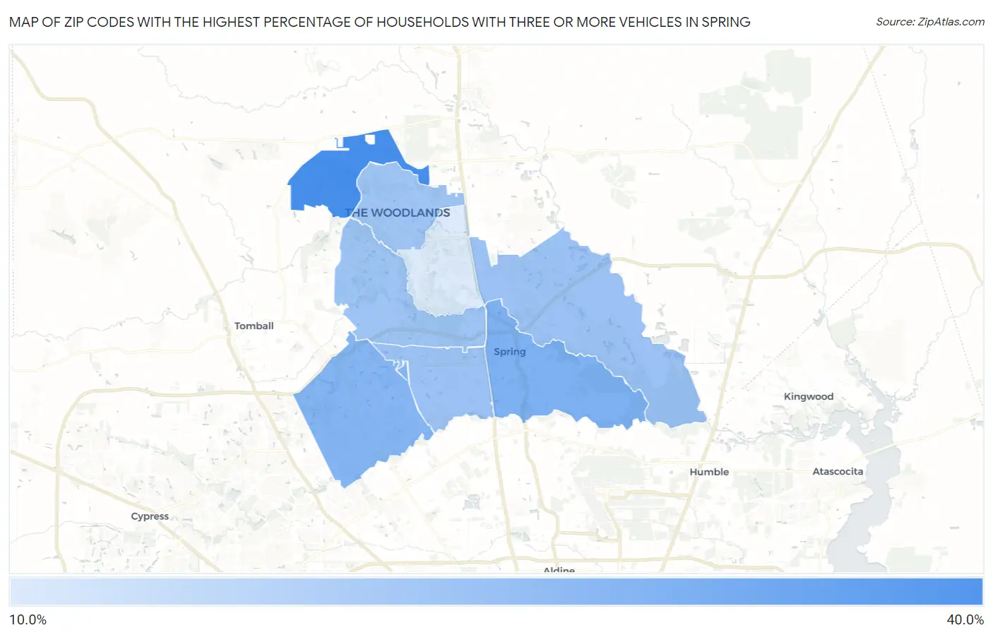 Zip Codes with the Highest Percentage of Households With Three or more Vehicles in Spring Map