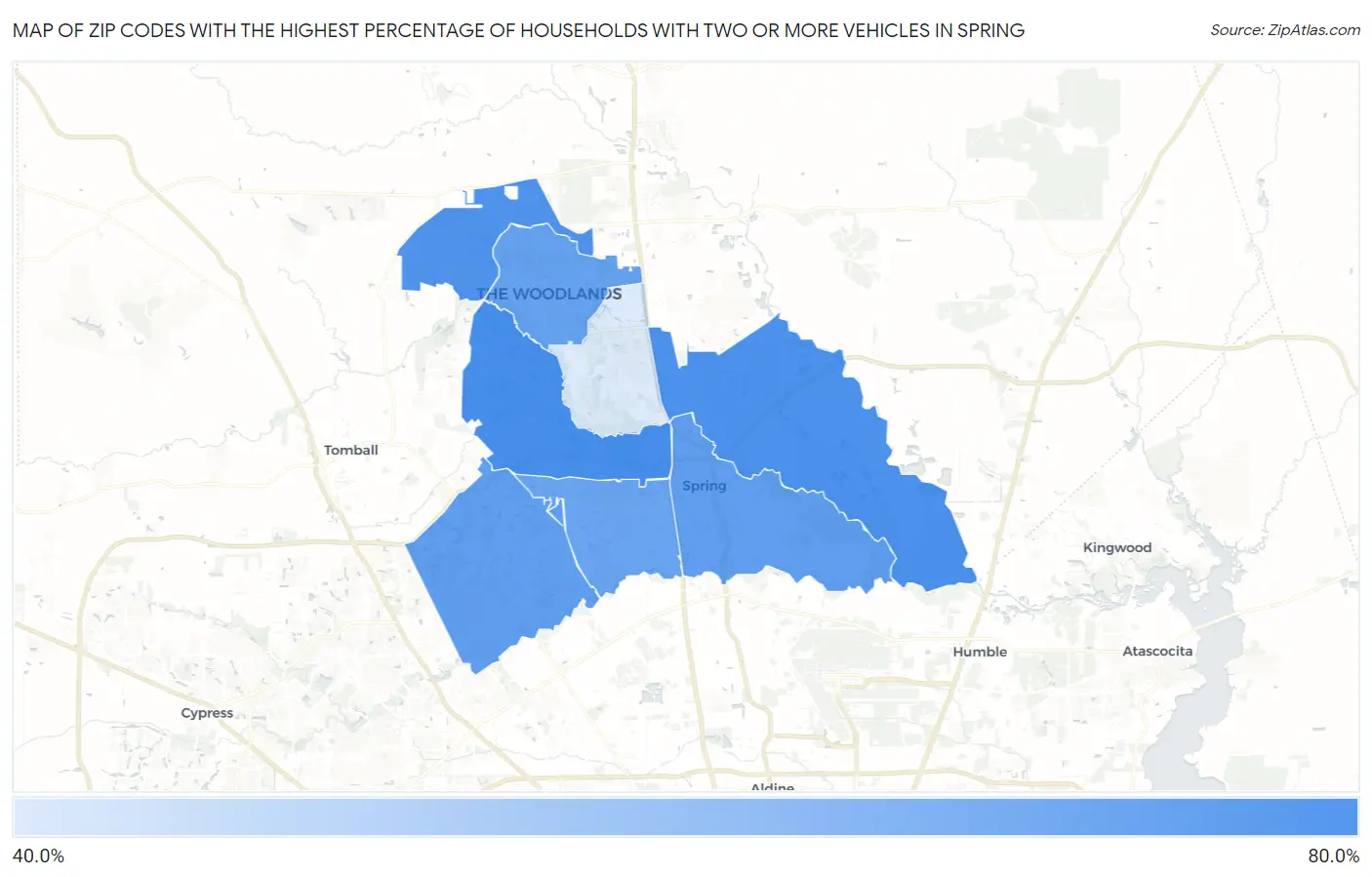 Zip Codes with the Highest Percentage of Households With Two or more Vehicles in Spring Map
