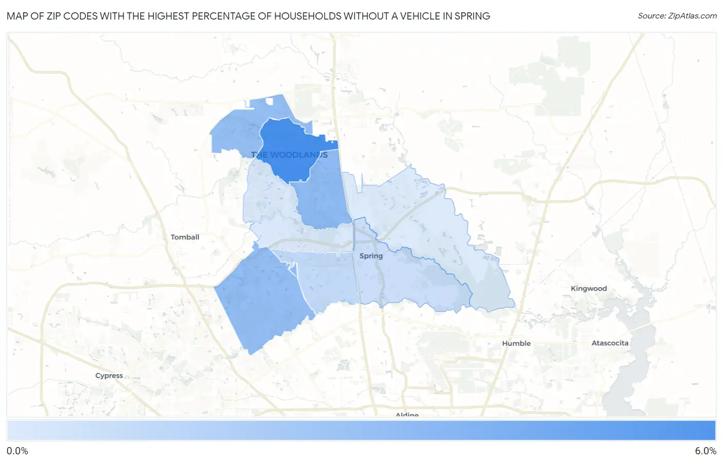 Zip Codes with the Highest Percentage of Households Without a Vehicle in Spring Map