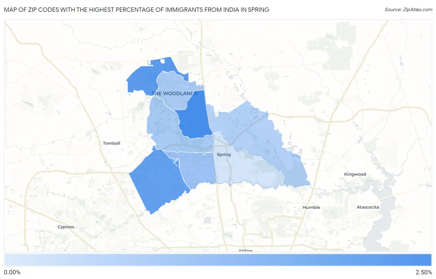Zip Codes with the Highest Percentage of Immigrants from India in Spring Map