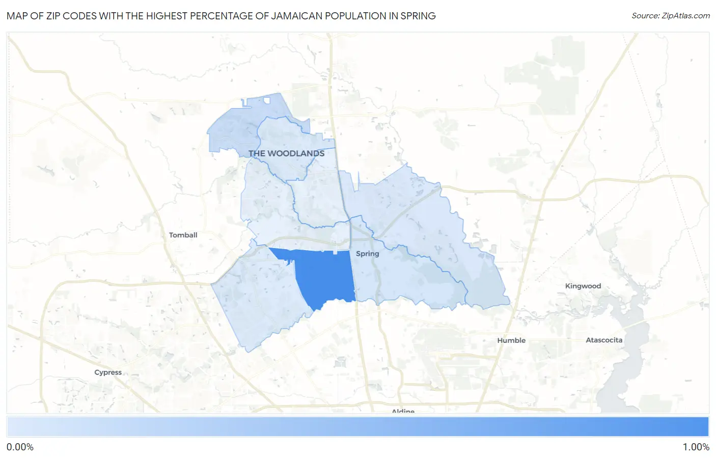Zip Codes with the Highest Percentage of Jamaican Population in Spring Map