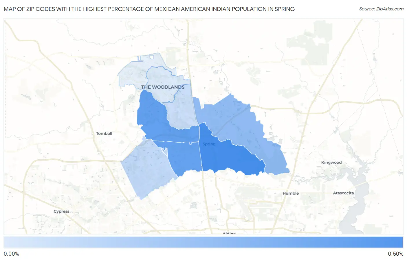 Zip Codes with the Highest Percentage of Mexican American Indian Population in Spring Map