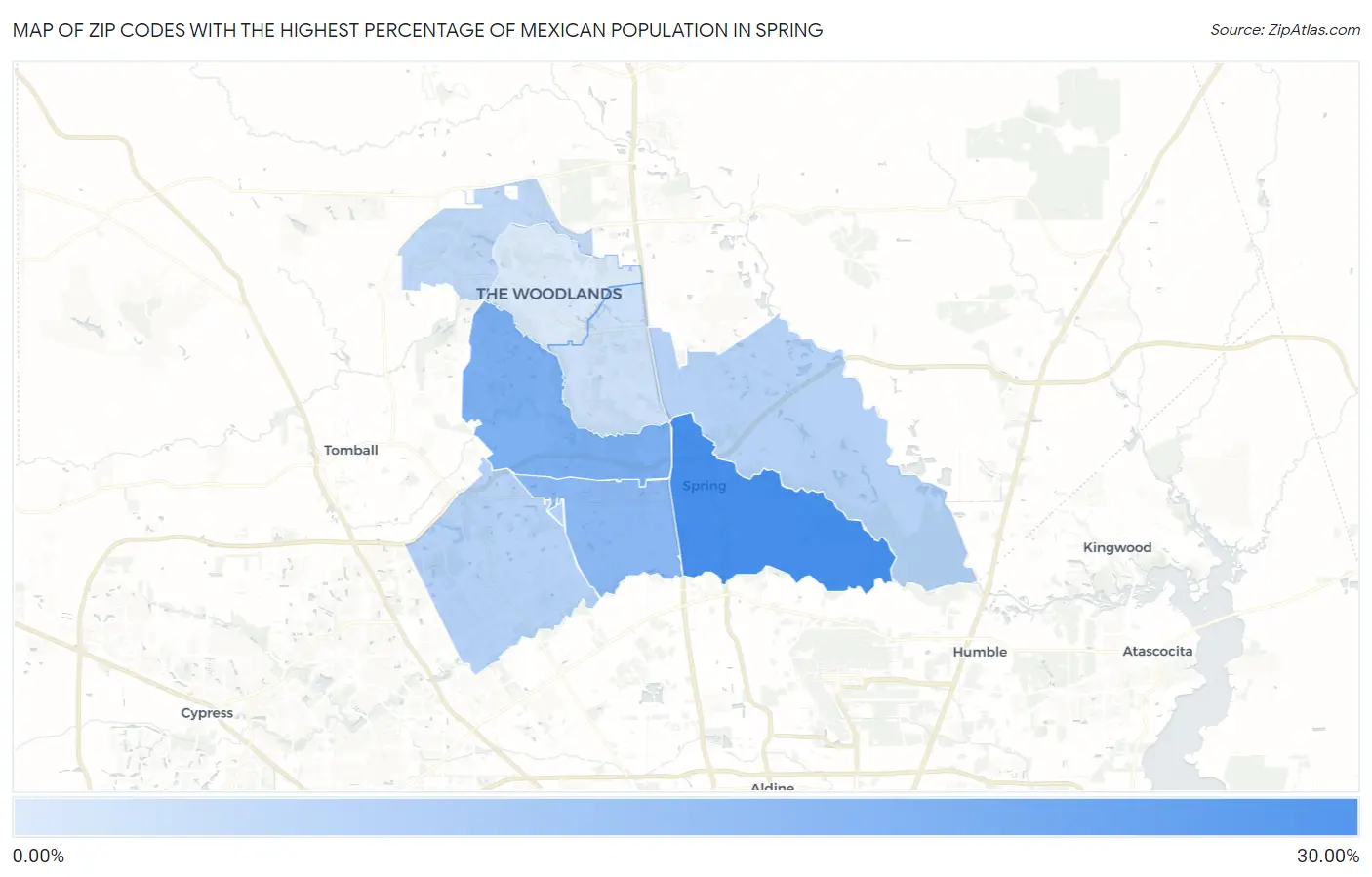 Zip Codes with the Highest Percentage of Mexican Population in Spring Map