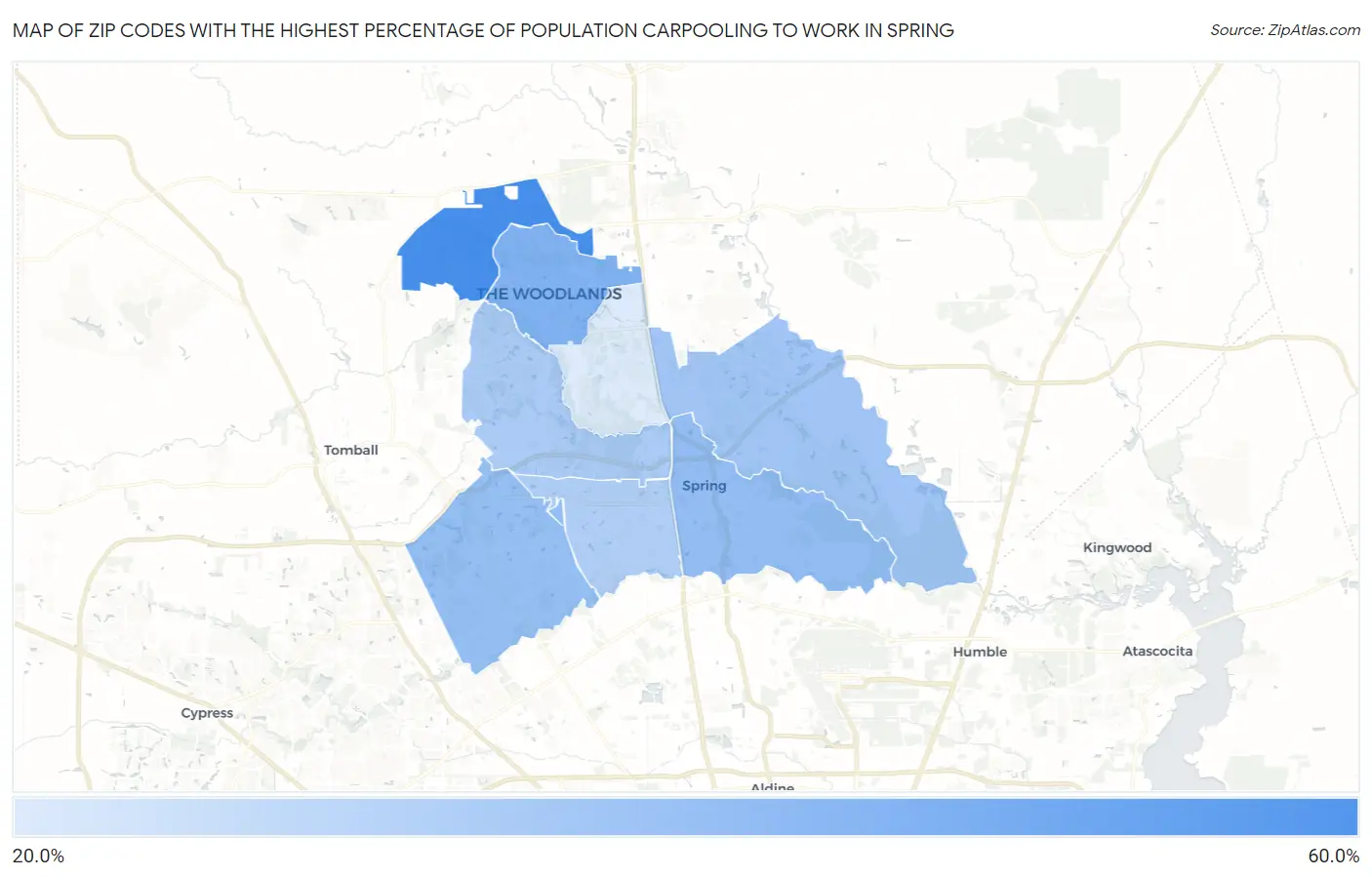 Zip Codes with the Highest Percentage of Population Carpooling to Work in Spring Map