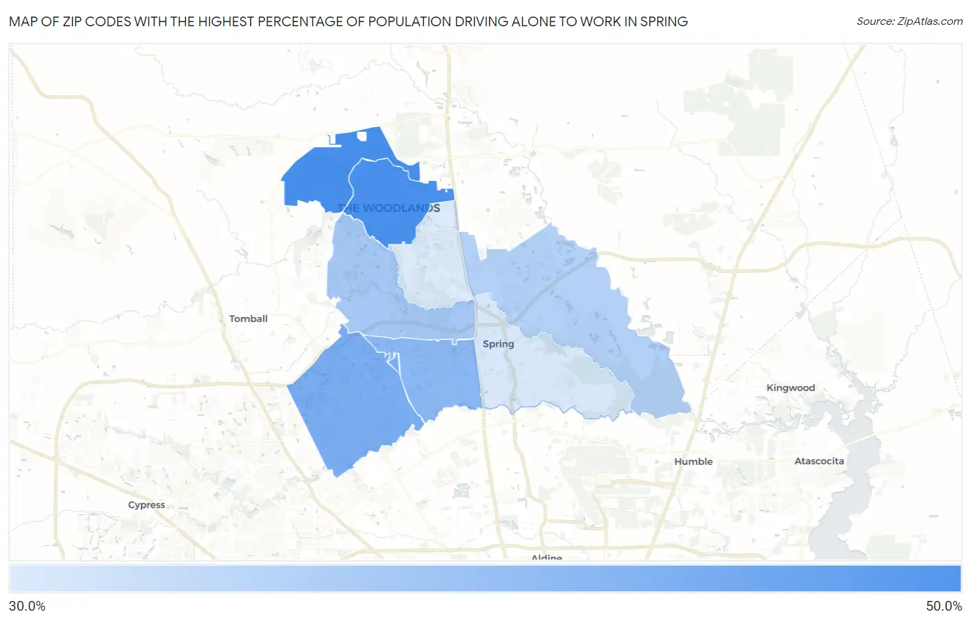 Zip Codes with the Highest Percentage of Population Driving Alone to Work in Spring Map