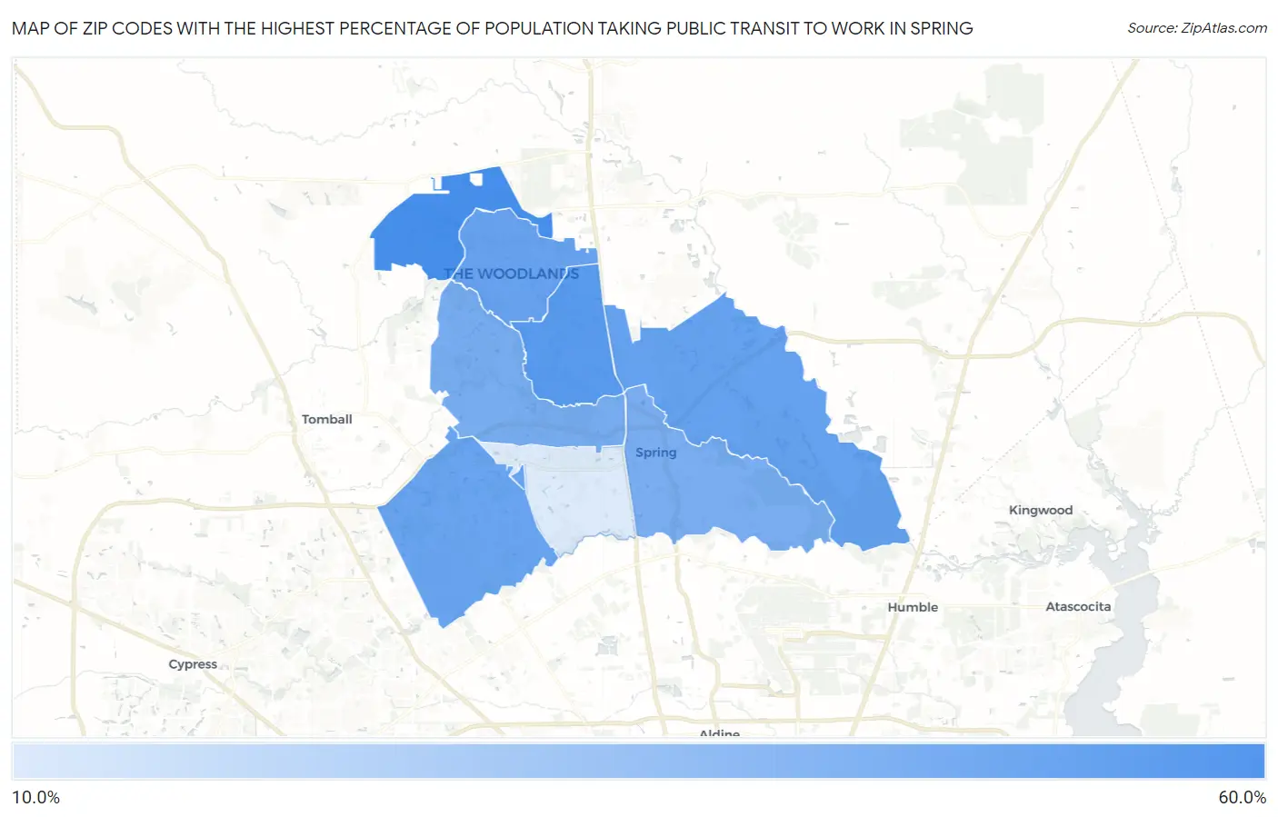 Zip Codes with the Highest Percentage of Population Taking Public Transit to Work in Spring Map
