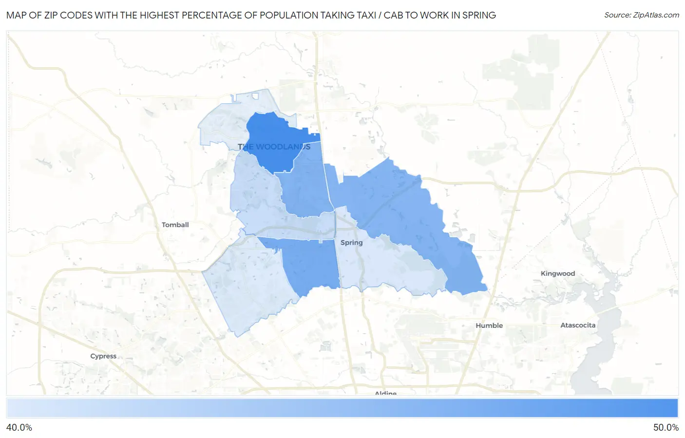 Zip Codes with the Highest Percentage of Population Taking Taxi / Cab to Work in Spring Map