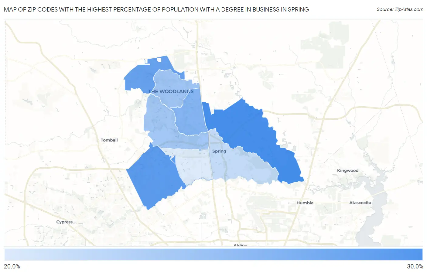 Zip Codes with the Highest Percentage of Population with a Degree in Business in Spring Map