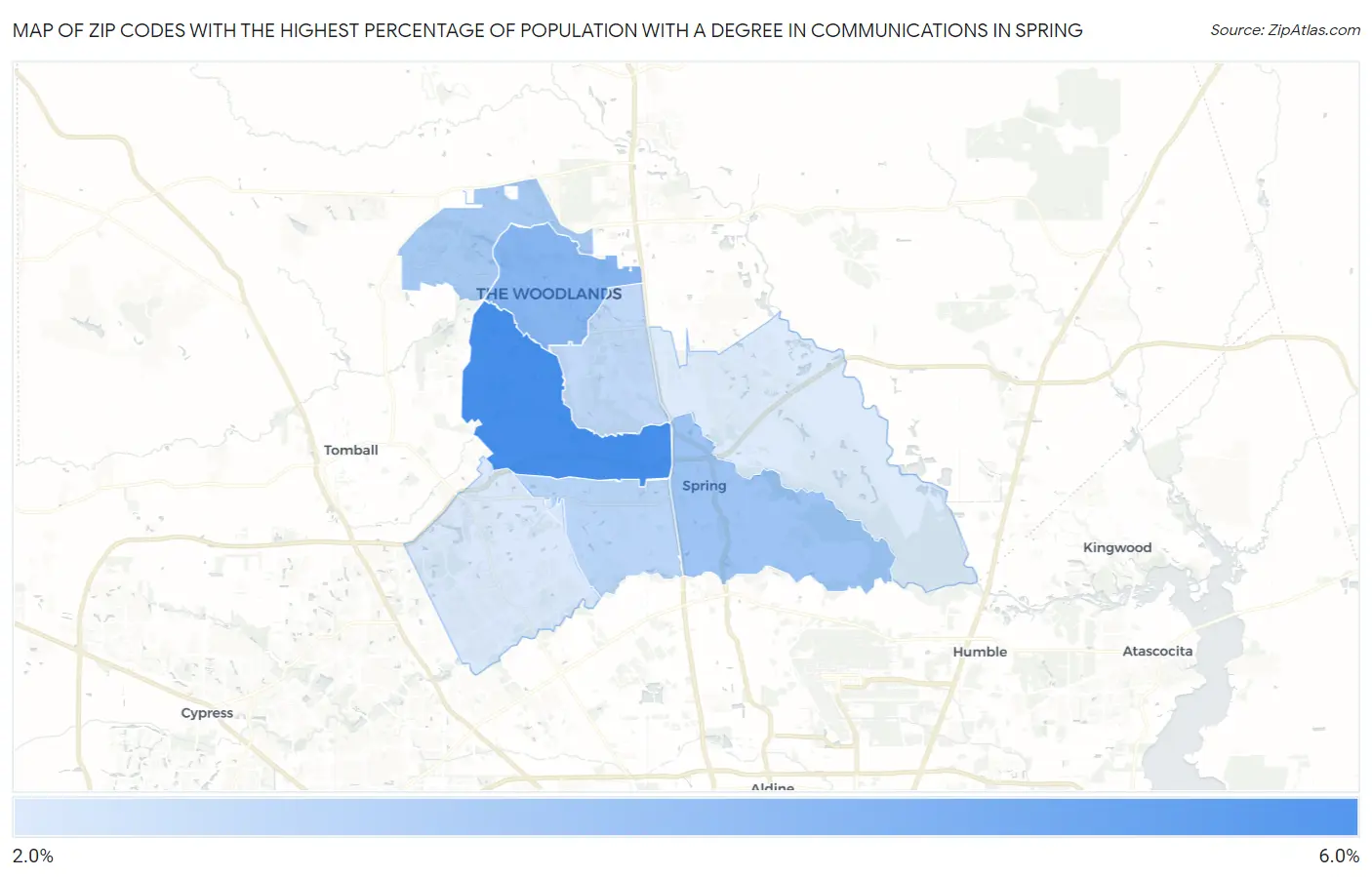Zip Codes with the Highest Percentage of Population with a Degree in Communications in Spring Map