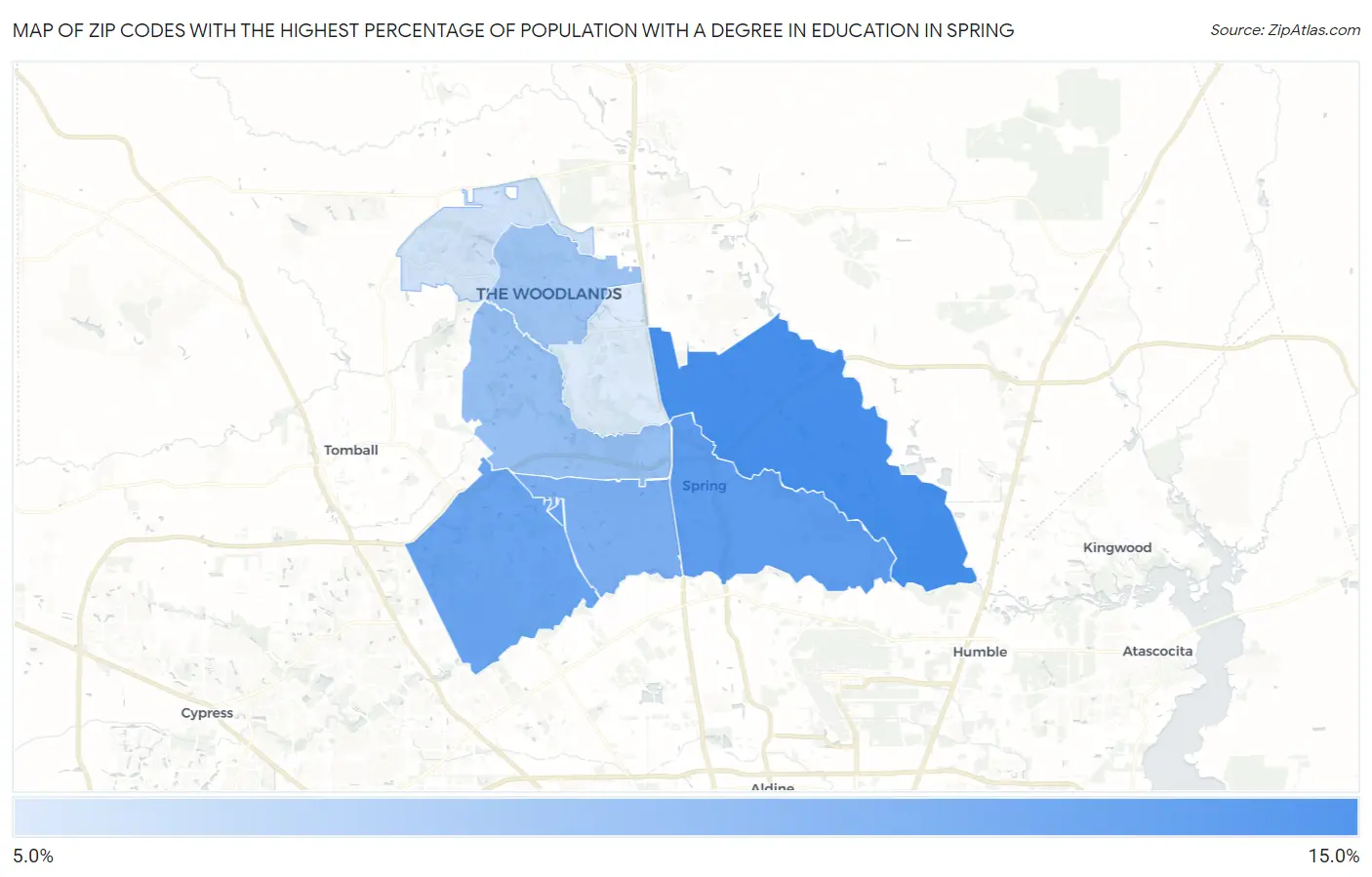 Zip Codes with the Highest Percentage of Population with a Degree in Education in Spring Map