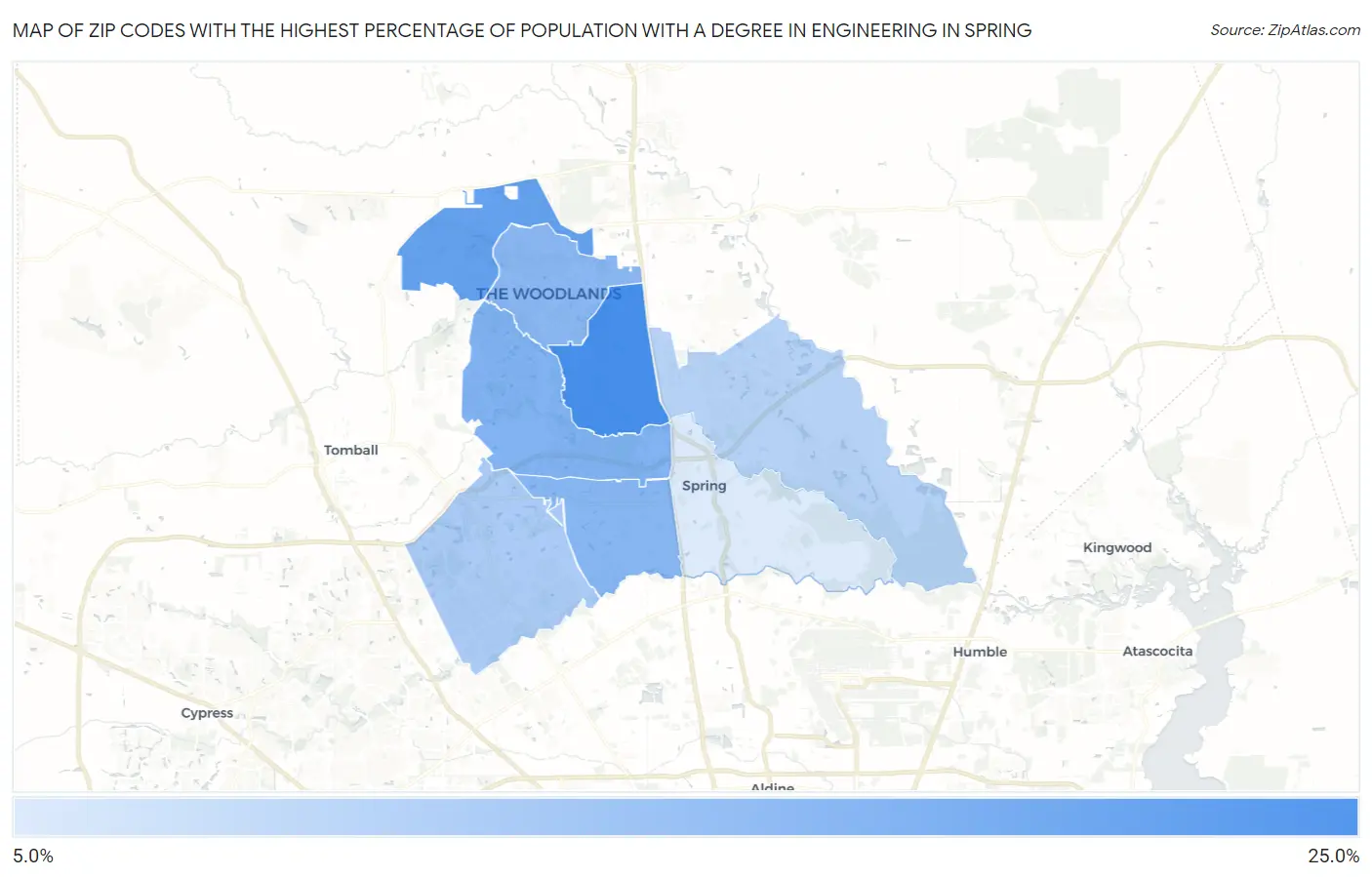 Zip Codes with the Highest Percentage of Population with a Degree in Engineering in Spring Map