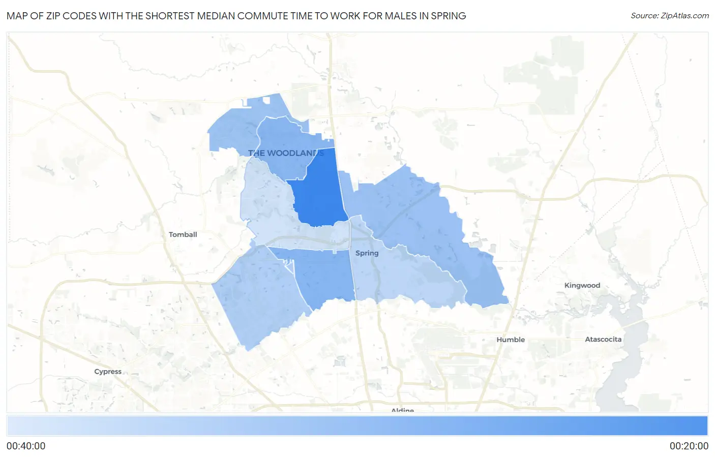 Zip Codes with the Shortest Median Commute Time to Work for Males in Spring Map