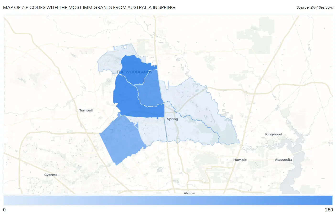 Zip Codes with the Most Immigrants from Australia in Spring Map