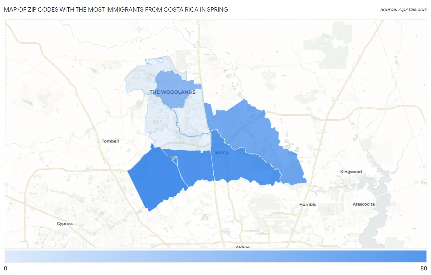 Zip Codes with the Most Immigrants from Costa Rica in Spring Map