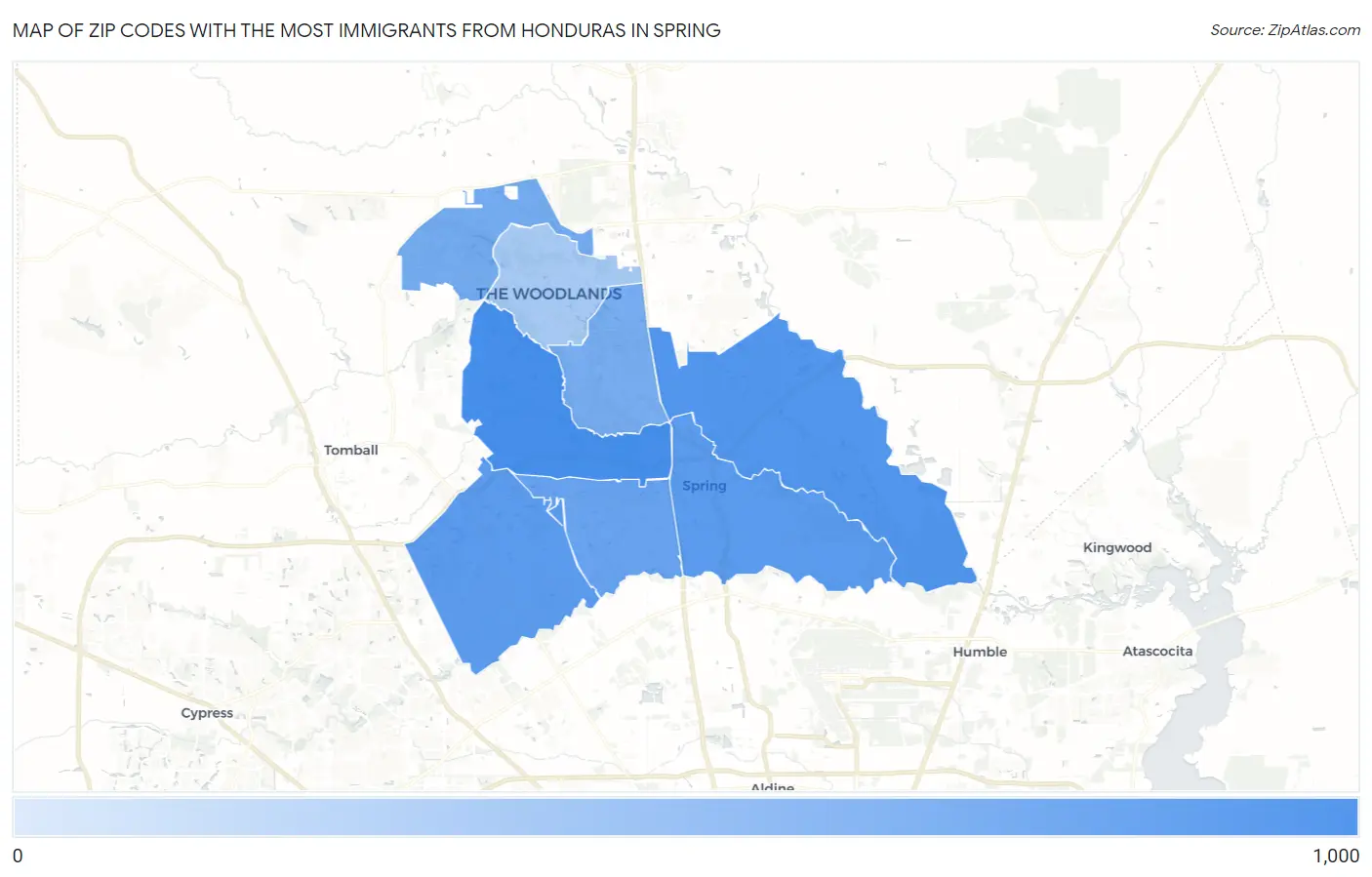 Zip Codes with the Most Immigrants from Honduras in Spring Map
