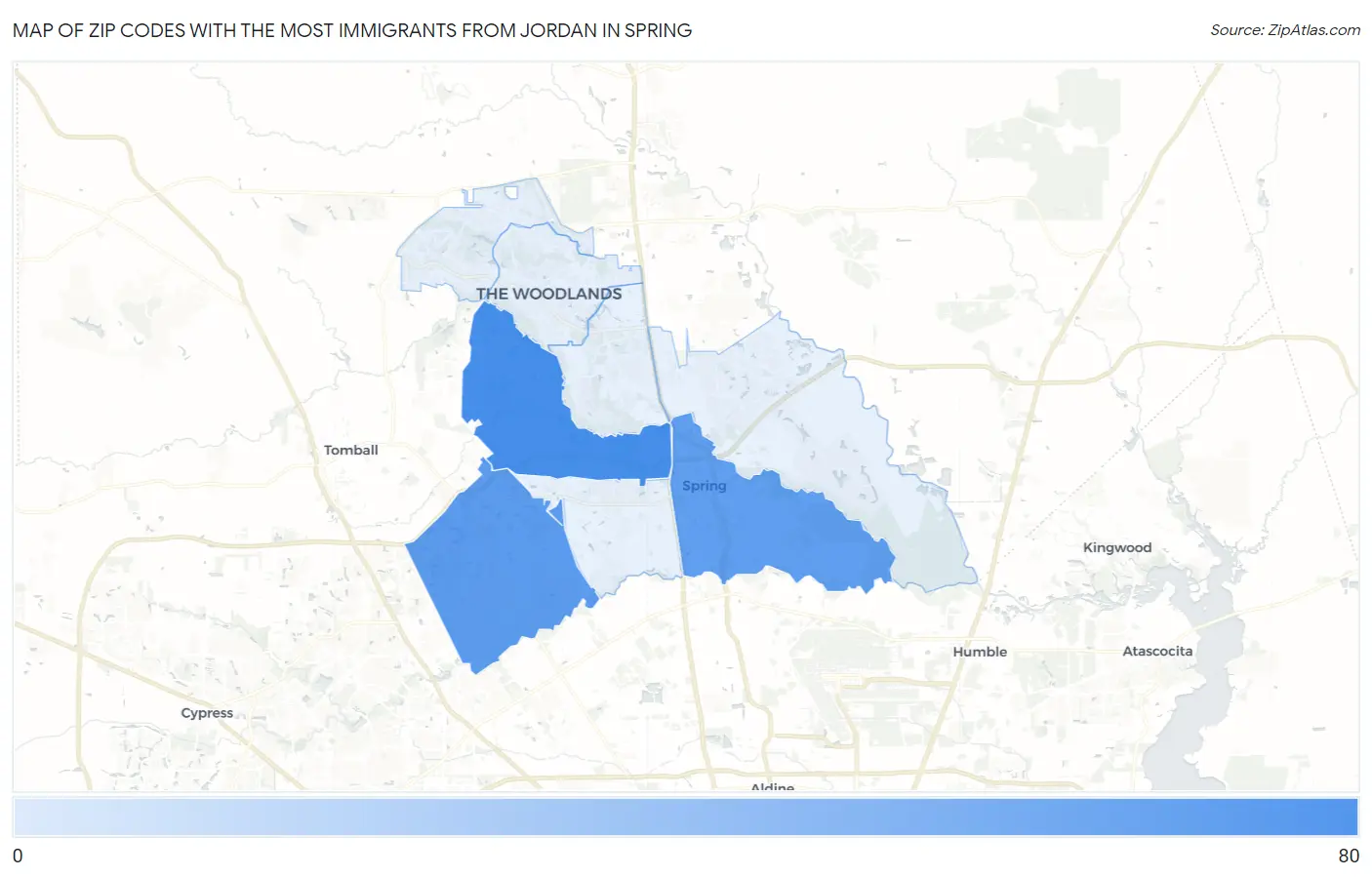 Zip Codes with the Most Immigrants from Jordan in Spring Map