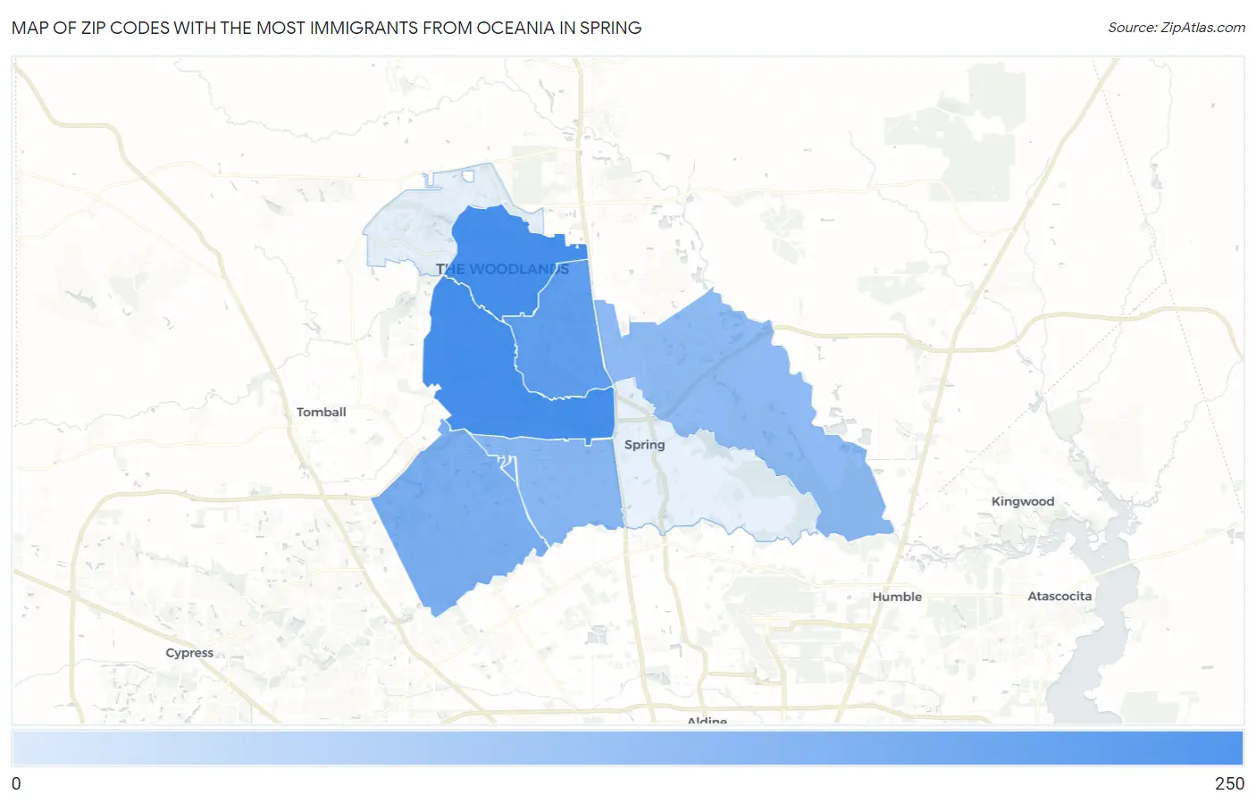 Zip Codes with the Most Immigrants from Oceania in Spring Map