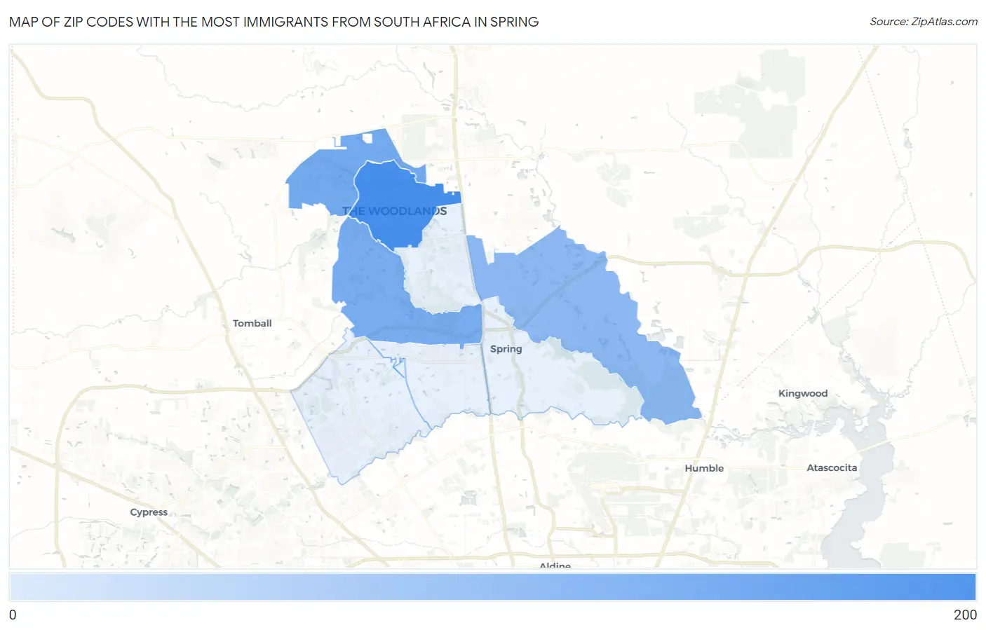Zip Codes with the Most Immigrants from South Africa in Spring Map