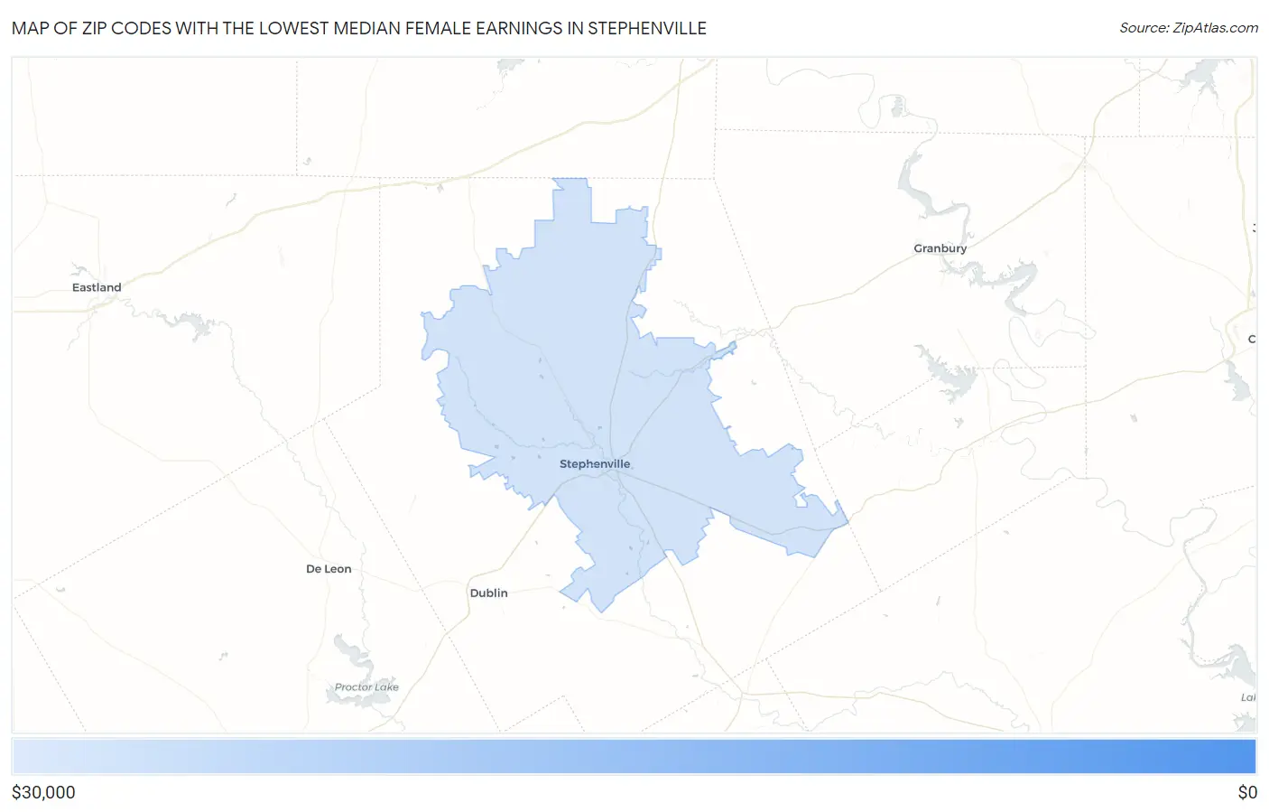 Zip Codes with the Lowest Median Female Earnings in Stephenville Map