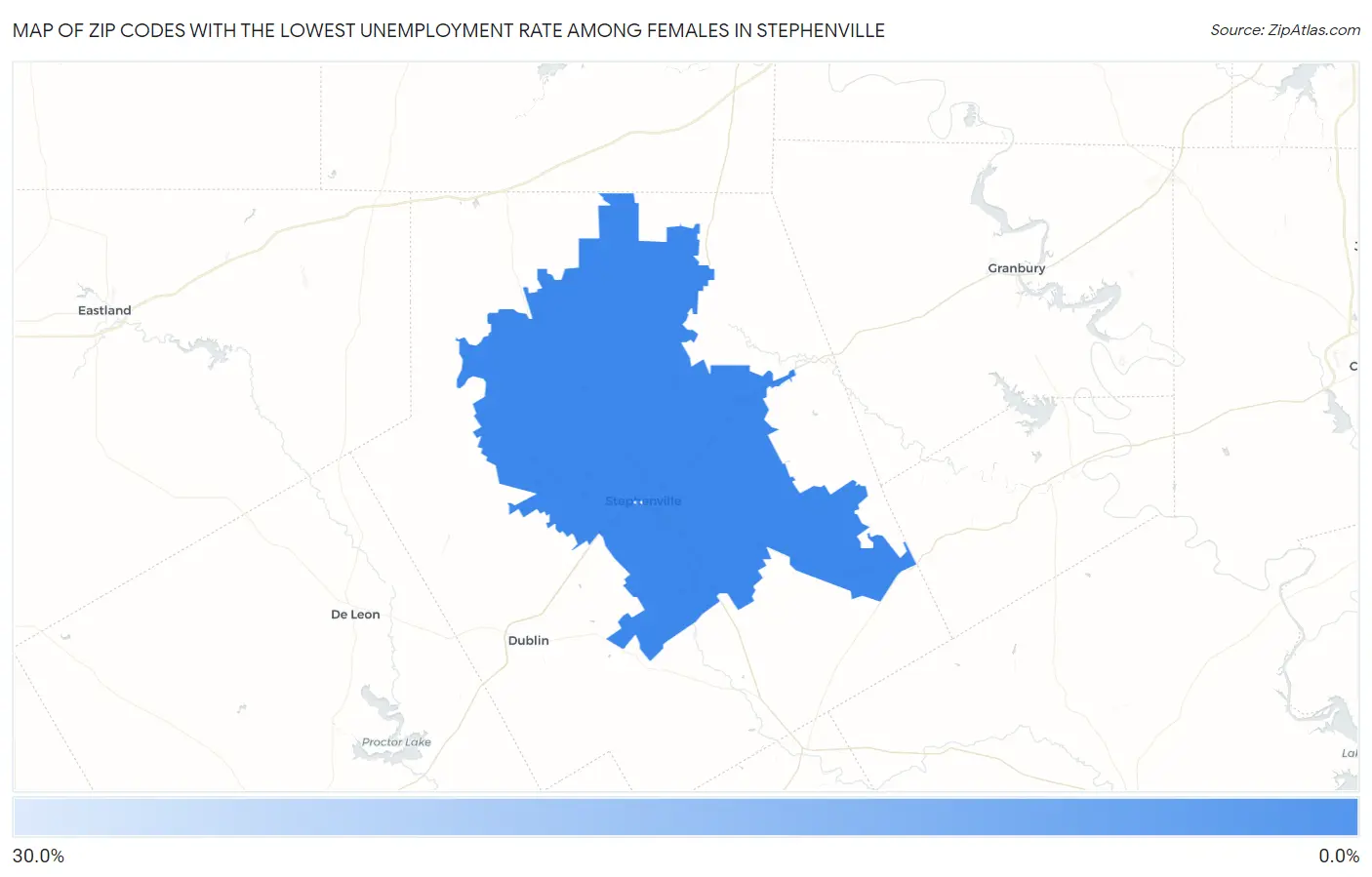 Zip Codes with the Lowest Unemployment Rate Among Females in Stephenville Map