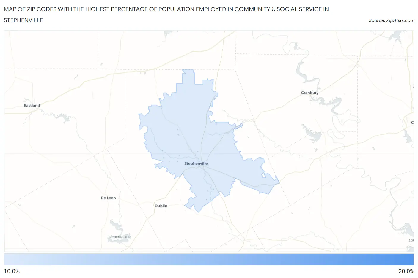 Zip Codes with the Highest Percentage of Population Employed in Community & Social Service  in Stephenville Map