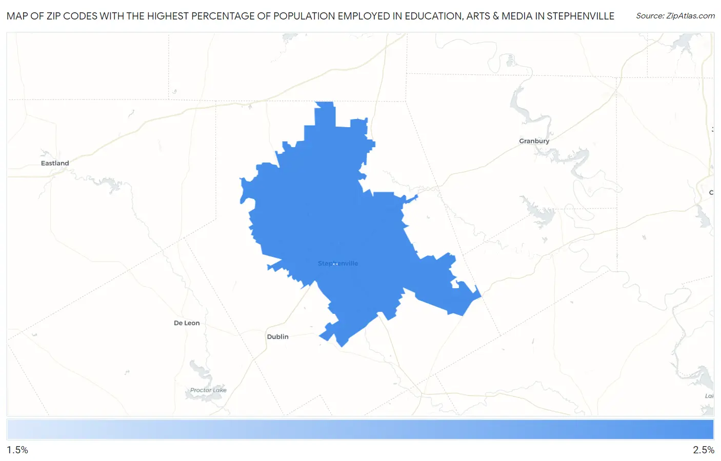 Zip Codes with the Highest Percentage of Population Employed in Education, Arts & Media in Stephenville Map