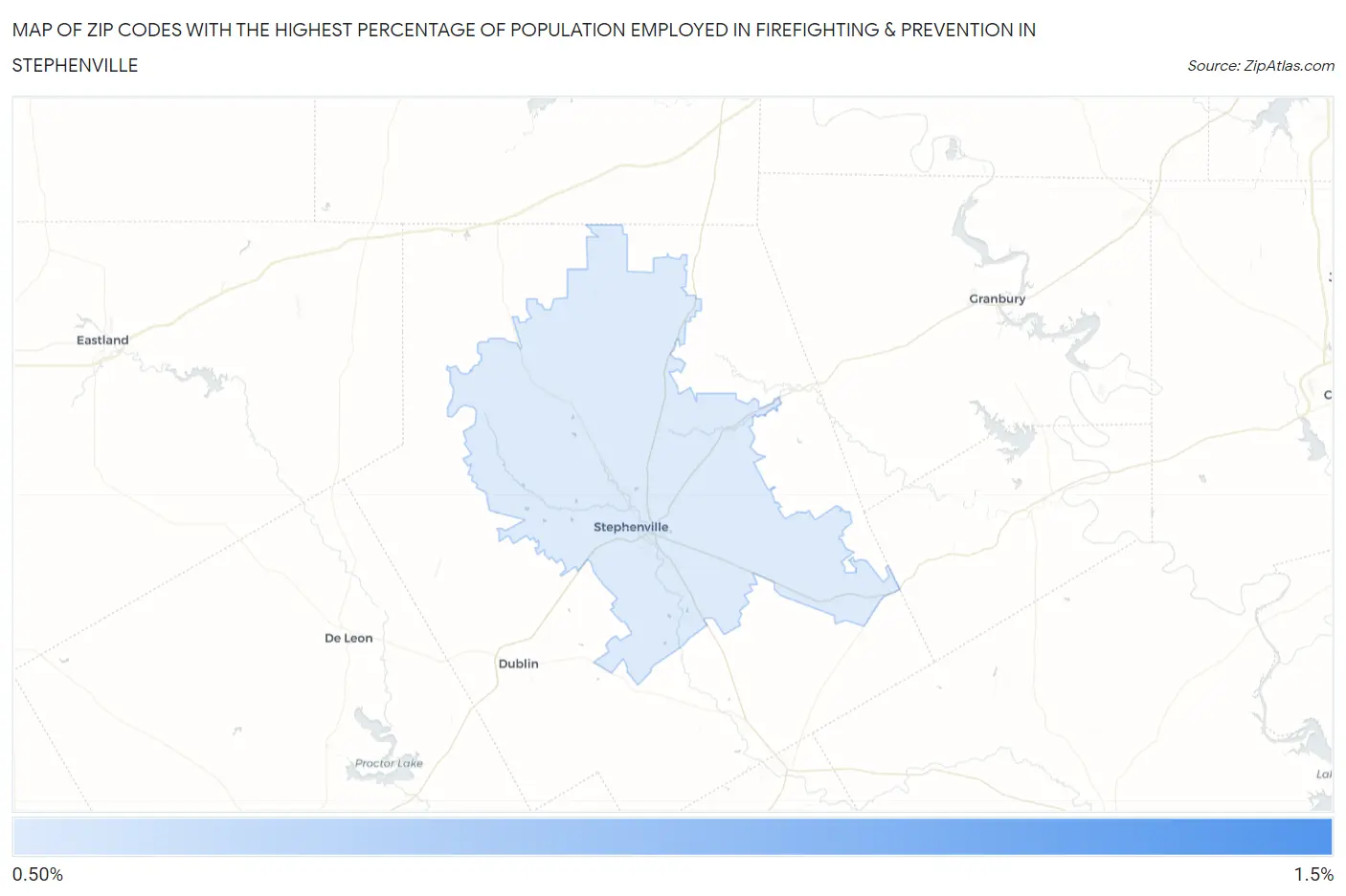 Zip Codes with the Highest Percentage of Population Employed in Firefighting & Prevention in Stephenville Map