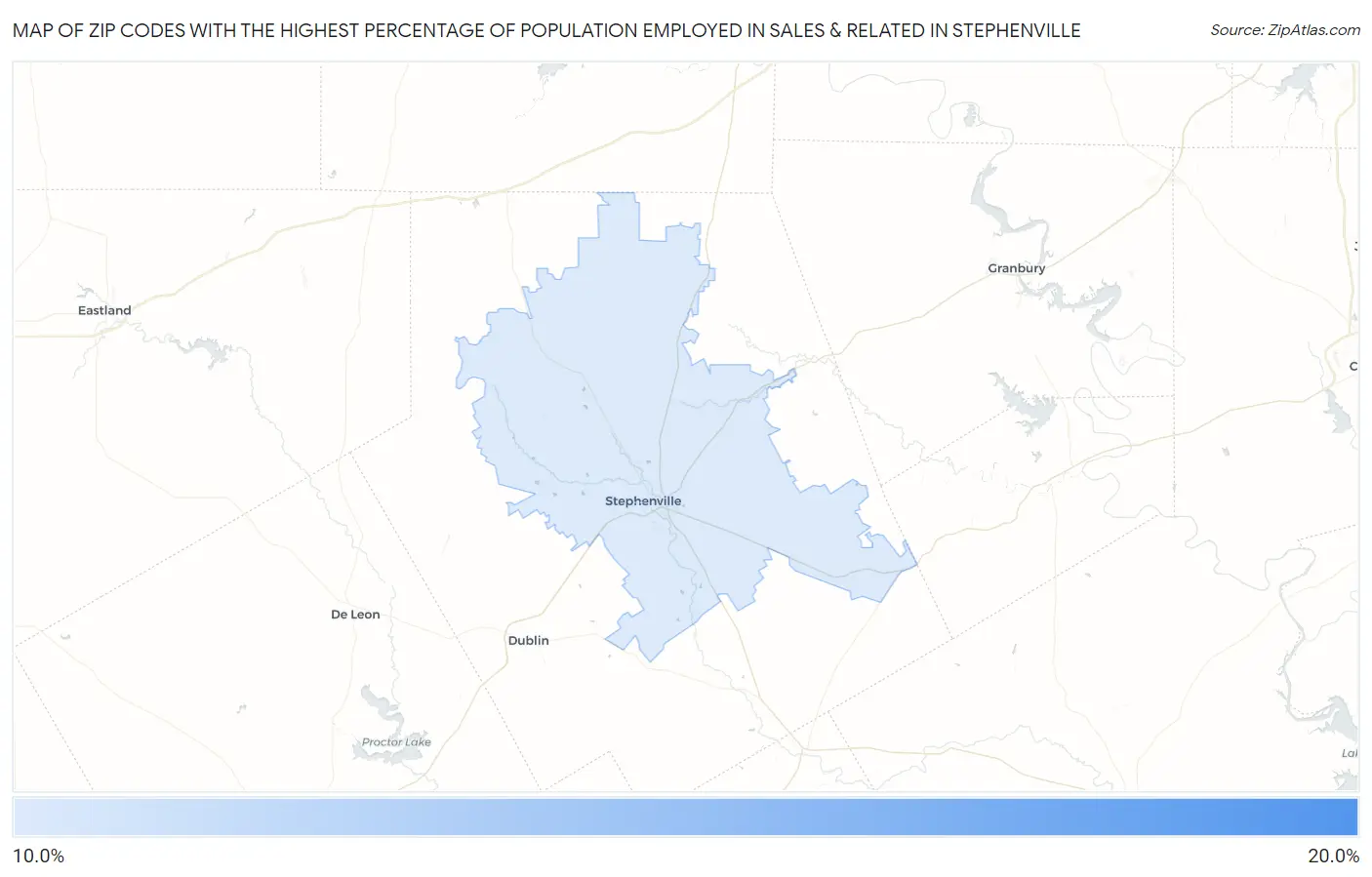 Zip Codes with the Highest Percentage of Population Employed in Sales & Related in Stephenville Map