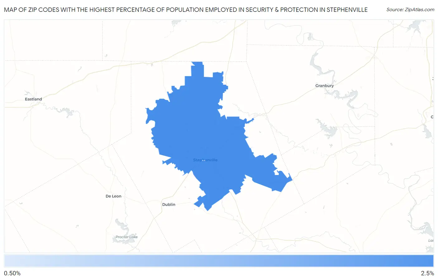 Zip Codes with the Highest Percentage of Population Employed in Security & Protection in Stephenville Map