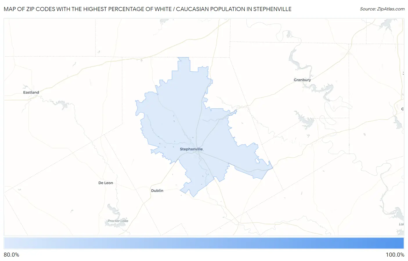 Zip Codes with the Highest Percentage of White / Caucasian Population in Stephenville Map
