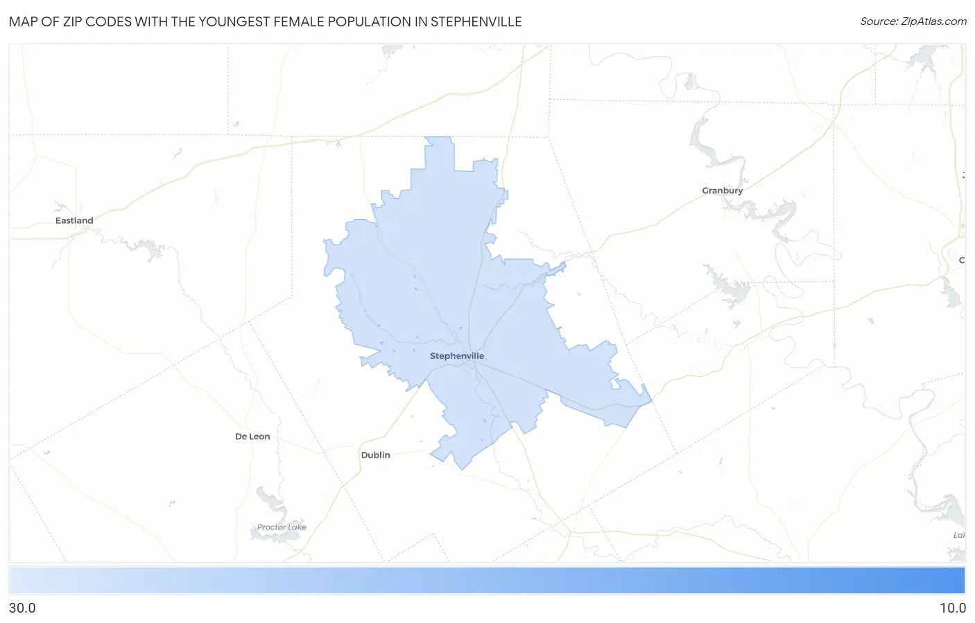 Zip Codes with the Youngest Female Population in Stephenville Map