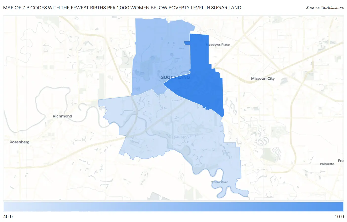 Zip Codes with the Fewest Births per 1,000 Women Below Poverty Level in Sugar Land Map