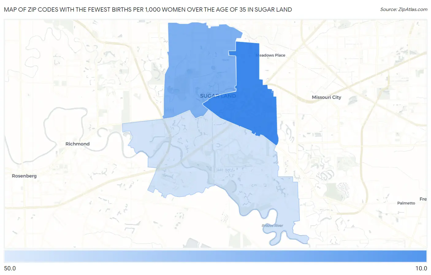 Zip Codes with the Fewest Births per 1,000 Women Over the Age of 35 in Sugar Land Map