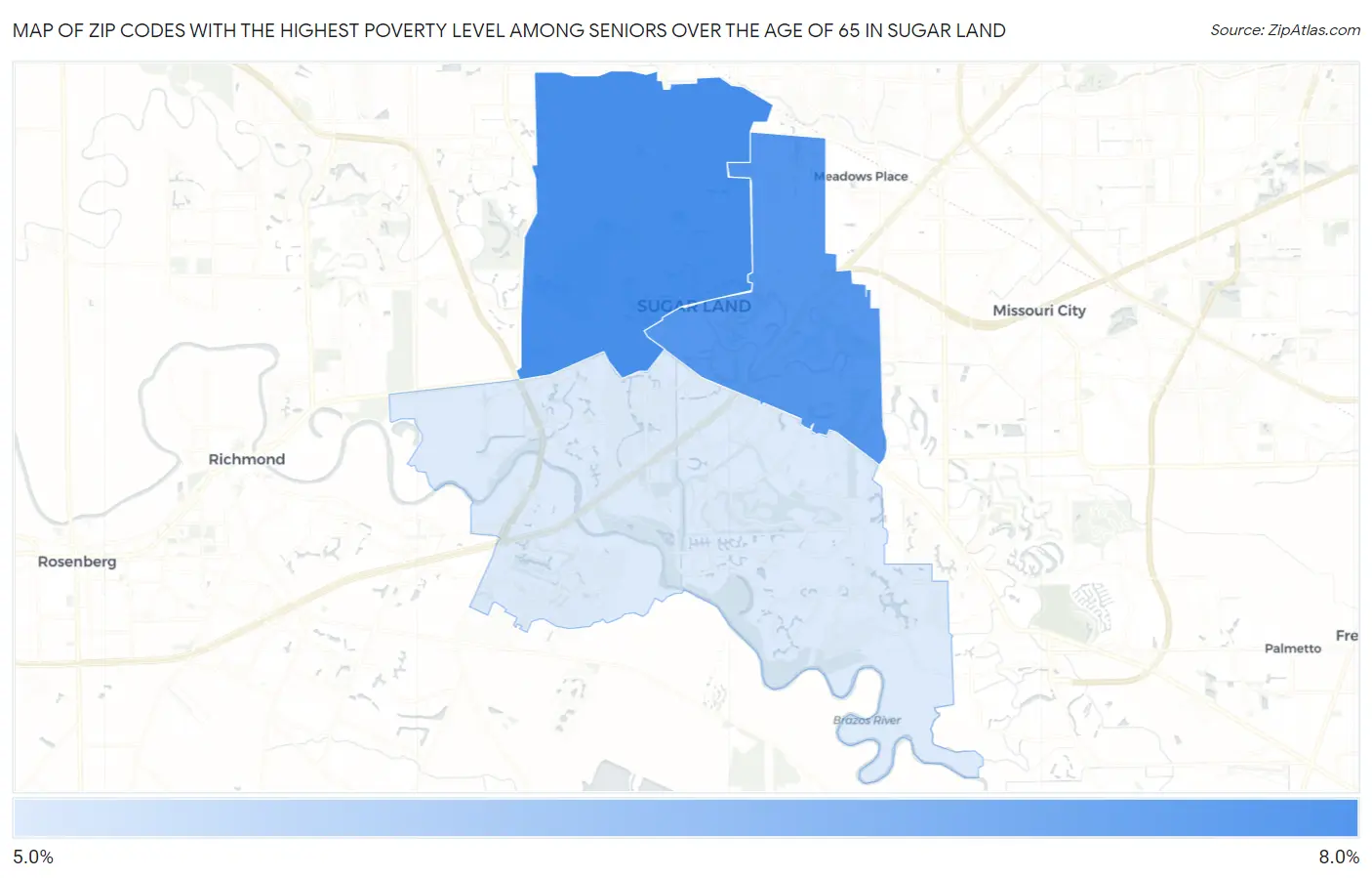 Zip Codes with the Highest Poverty Level Among Seniors Over the Age of 65 in Sugar Land Map