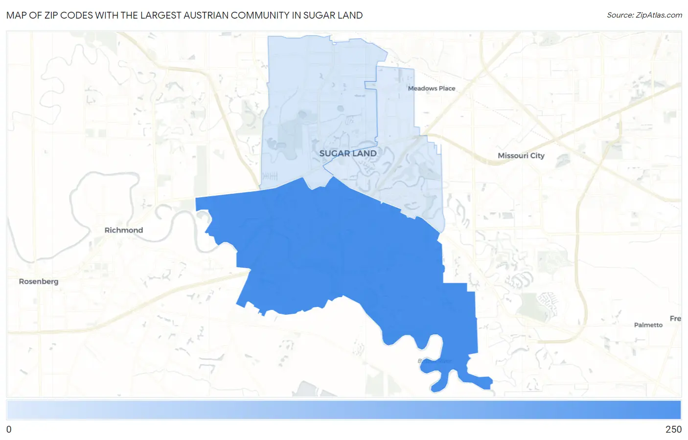 Zip Codes with the Largest Austrian Community in Sugar Land Map