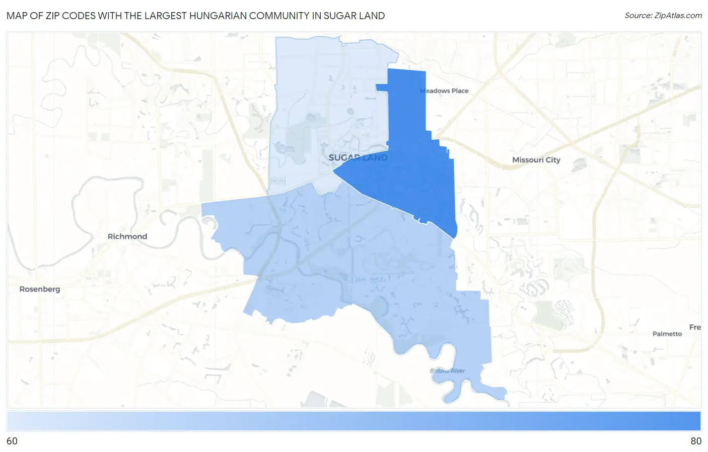Zip Codes with the Largest Hungarian Community in Sugar Land Map