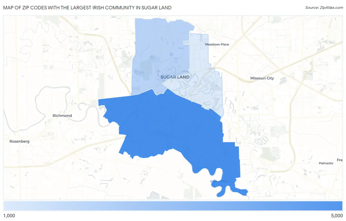 Zip Codes with the Largest Irish Community in Sugar Land Map