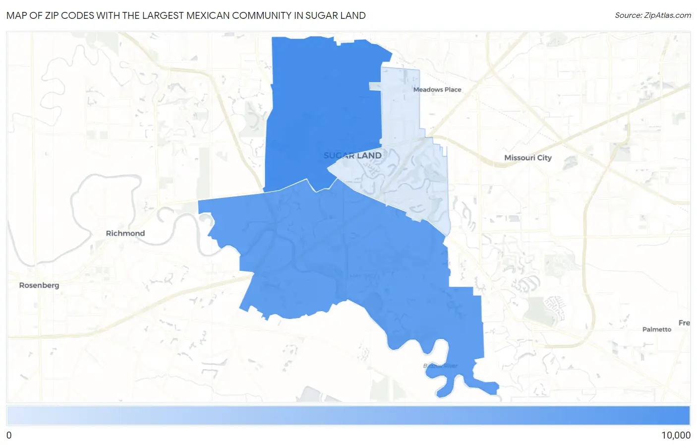 Zip Codes with the Largest Mexican Community in Sugar Land Map
