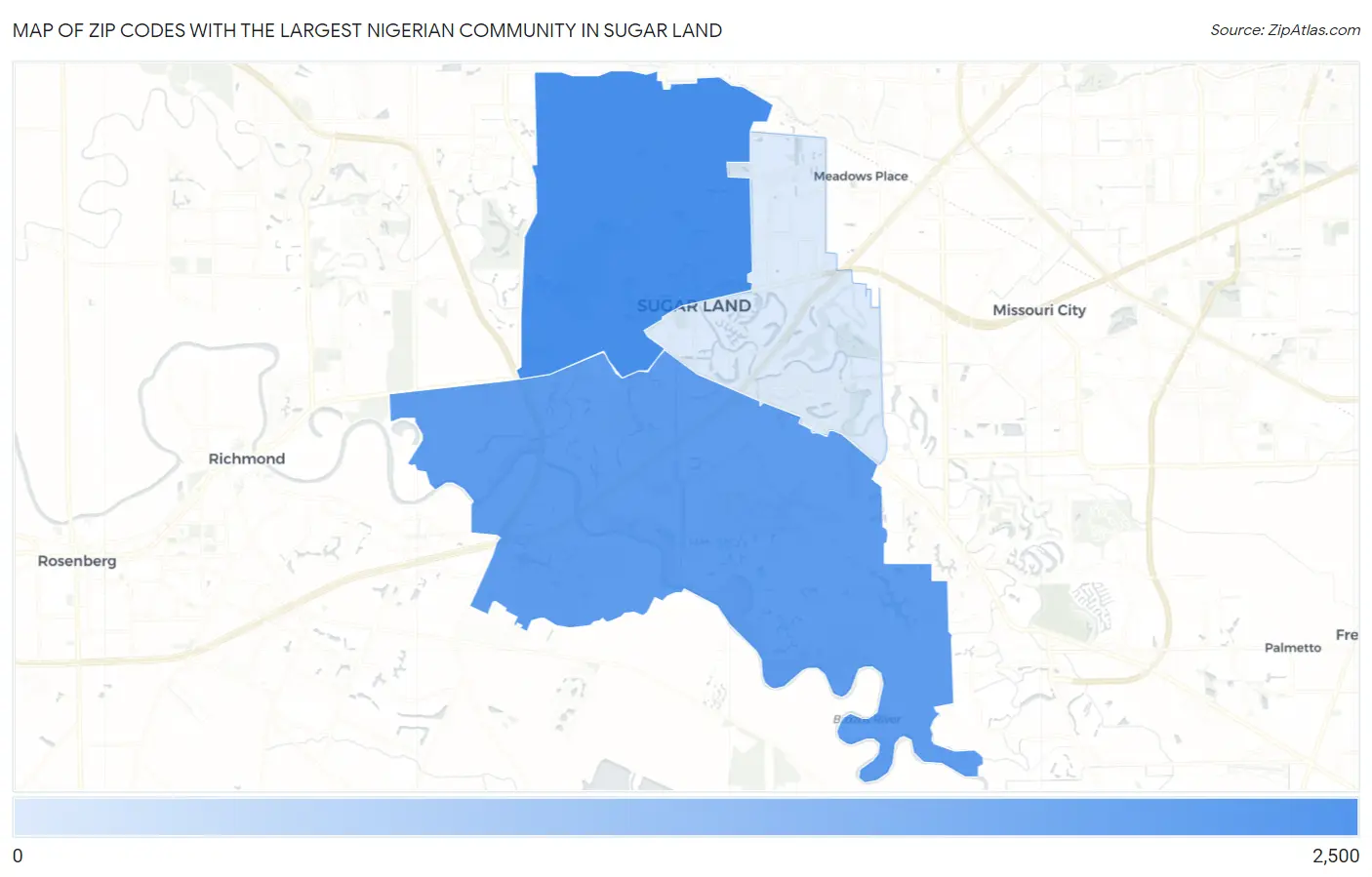 Zip Codes with the Largest Nigerian Community in Sugar Land Map