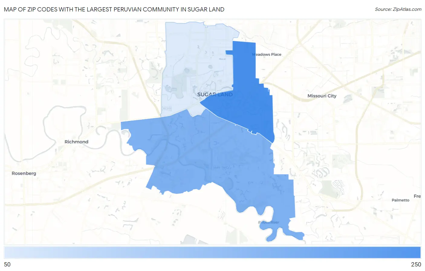 Zip Codes with the Largest Peruvian Community in Sugar Land Map
