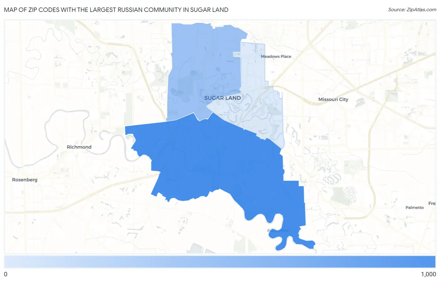 Zip Codes with the Largest Russian Community in Sugar Land Map