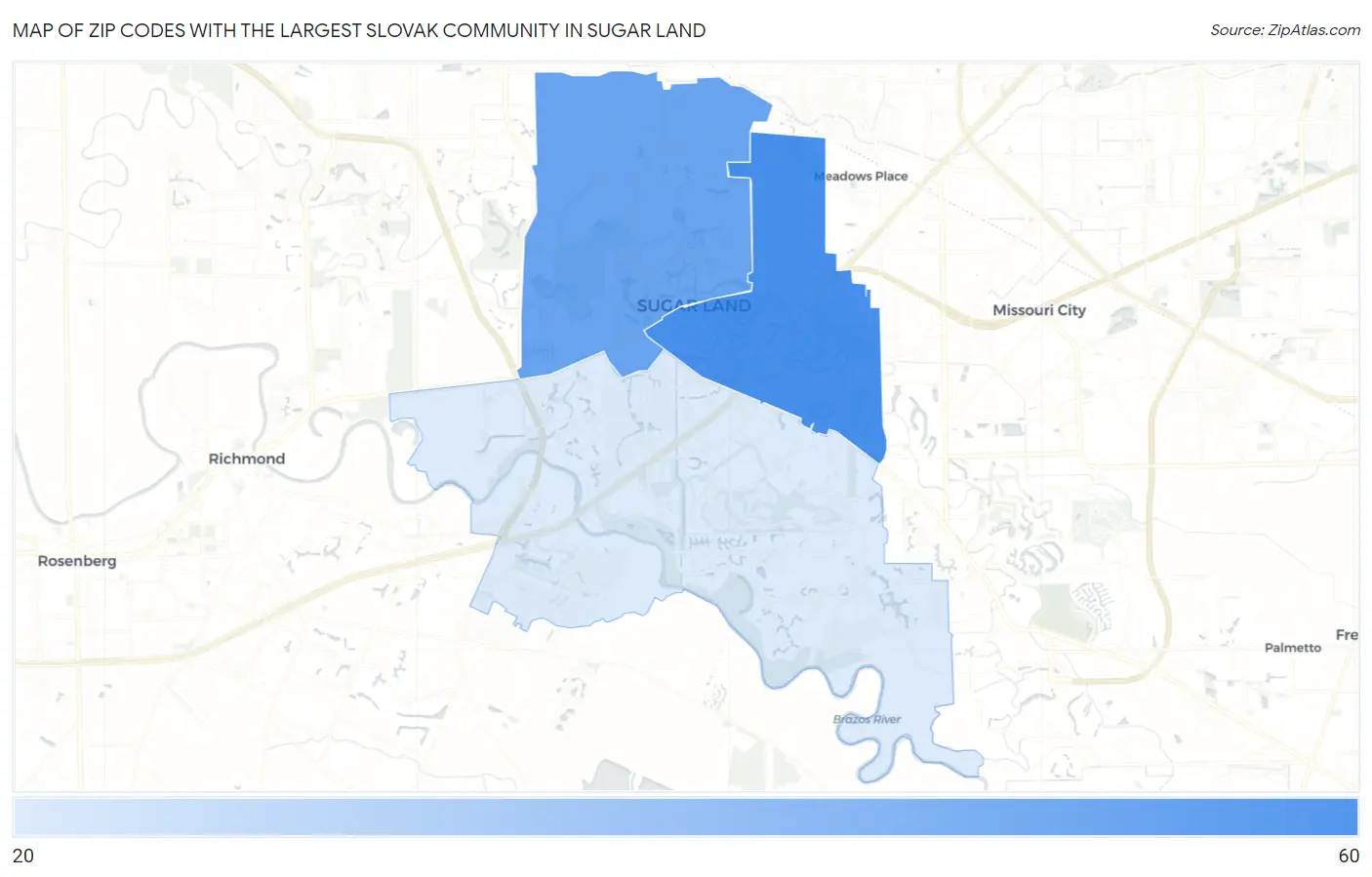Zip Codes with the Largest Slovak Community in Sugar Land Map