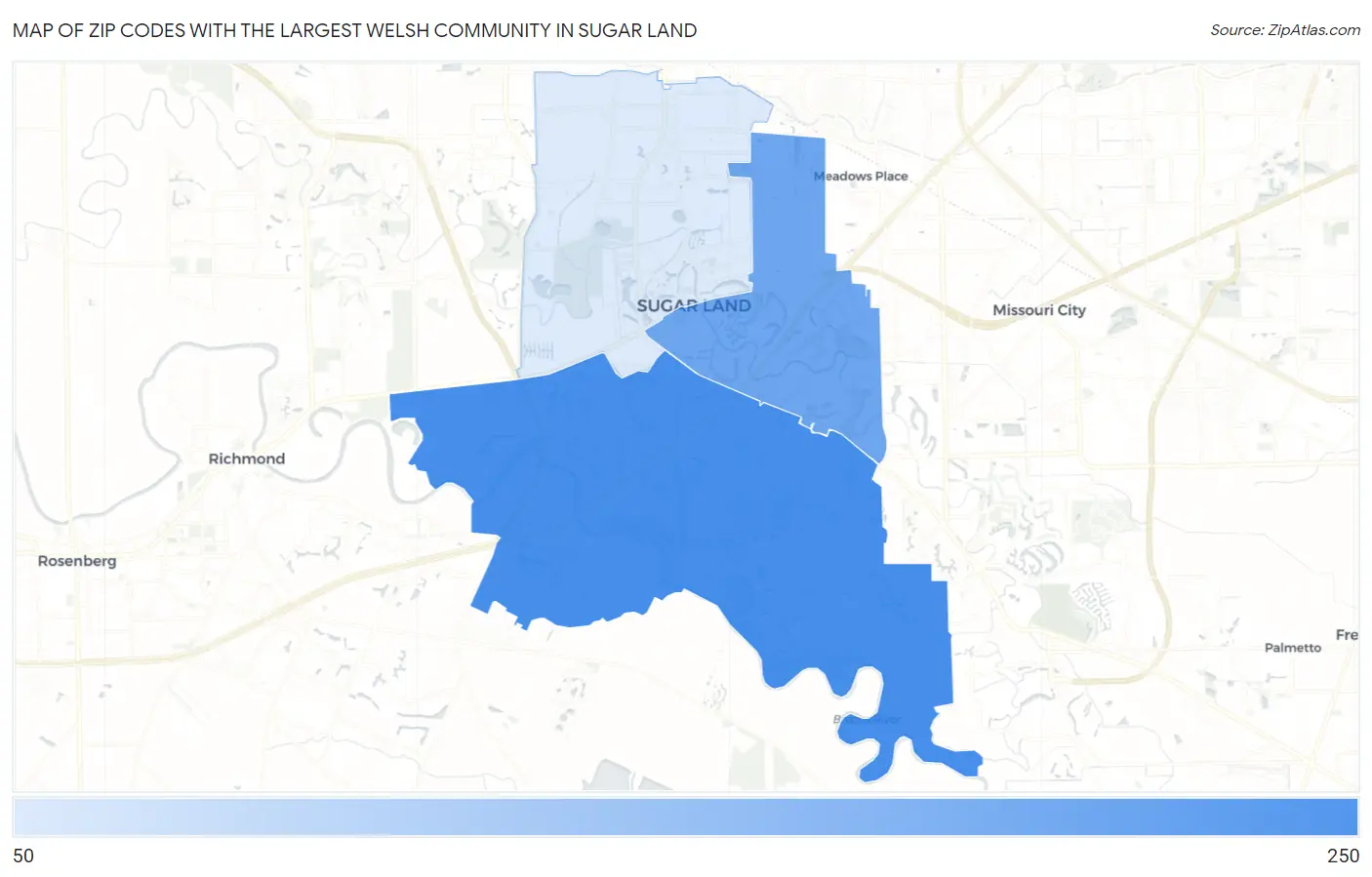 Zip Codes with the Largest Welsh Community in Sugar Land Map