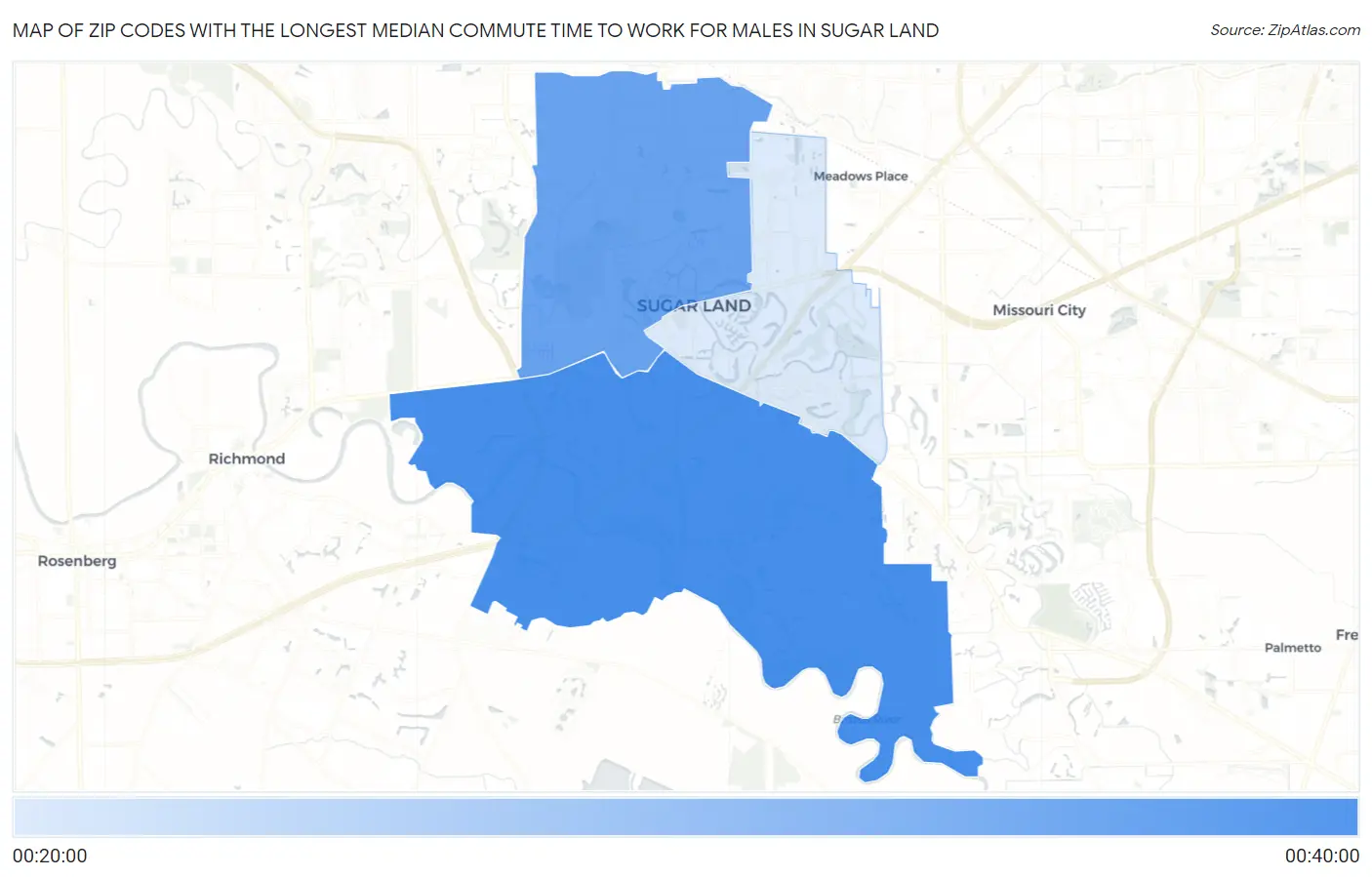 Zip Codes with the Longest Median Commute Time to Work for Males in Sugar Land Map
