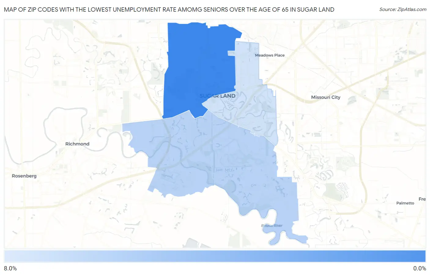 Zip Codes with the Lowest Unemployment Rate Amomg Seniors Over the Age of 65 in Sugar Land Map