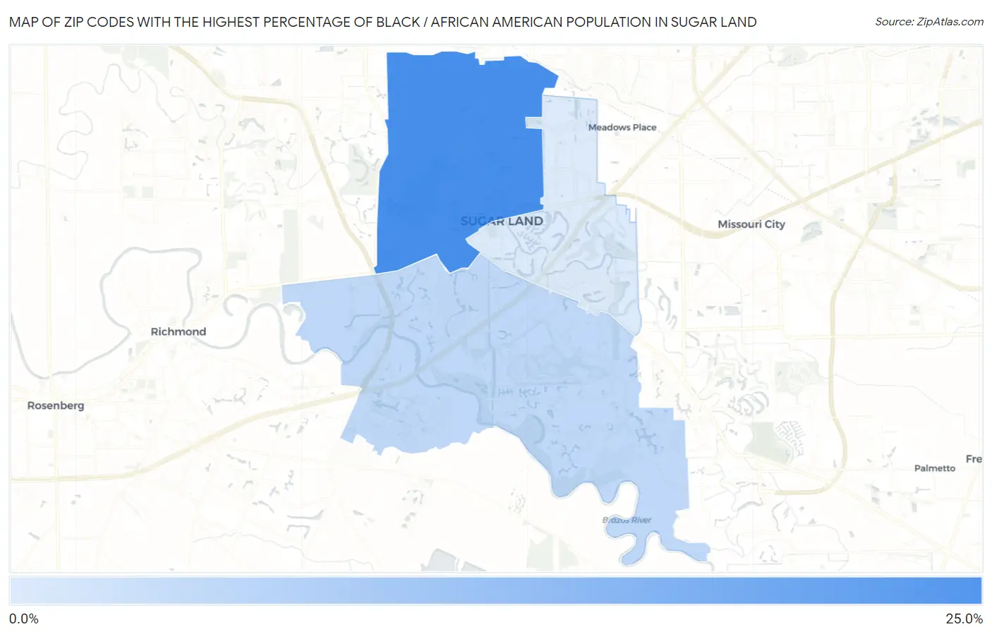 Zip Codes with the Highest Percentage of Black / African American Population in Sugar Land Map