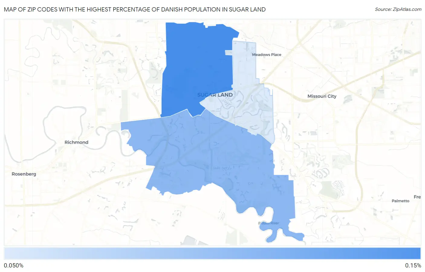Zip Codes with the Highest Percentage of Danish Population in Sugar Land Map